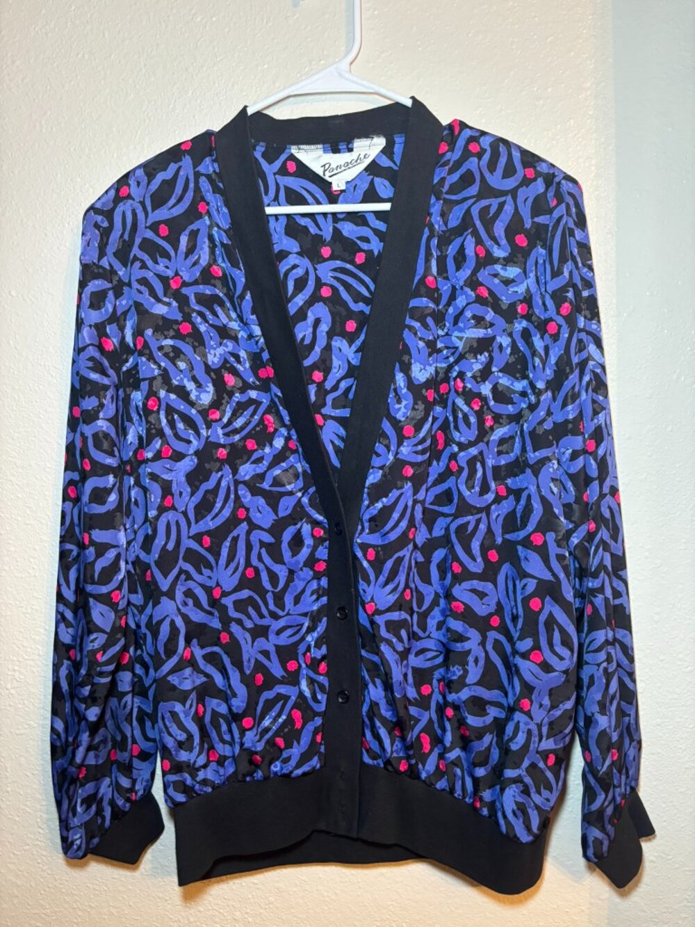 VTG Panache Womens L Blue Black Pink Abstract Print Blazer Cardigan 80s Granny